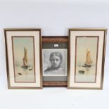 A pair of coloured prints, fishing boats, a framed portrait, and a woolwork (4)