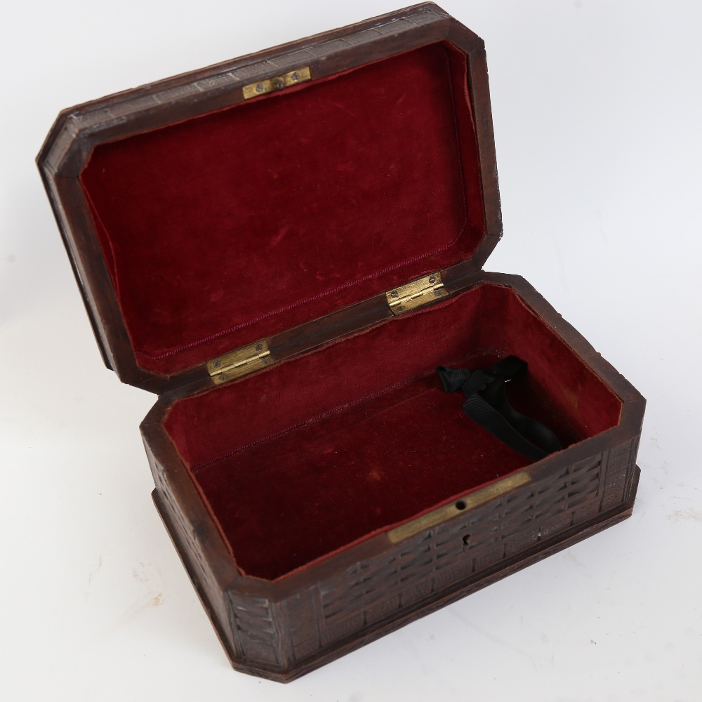 An early 20th century carved mahogany basket-weave design jewel box, with red velvet interior, - Image 2 of 2