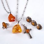 Various Baltic amber jewellery, including brooch, pendant necklace, ring etc, ring size N, 27.8g