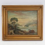 19th century oil on board, Highland loch scene, signed with initials JDS, image 30cm x 37cm, framed