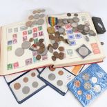 British coins, including silver, 2 sets of decimal coins, First World War medal, badges, and an