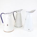 3 large blue and white enamel water jugs, largest height 36cm (3)