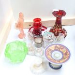 Various glassware, including gilded ruby glass decanter, miniature travelling inkwells and