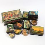A group of Russian black lacquer Palekh boxes, some with hand painted lids, largest 20cm x 13cm (11)