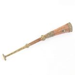 A Chinese copper and brass horn, set with cabochon turquoise, length 48cm