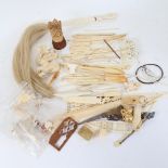 Various ivory items, including fly whisk, toothpicks, bobbins etc (boxful)