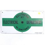 A vintage white and green enamel railway sign "Southern Rly Electrical Department No Admittance",