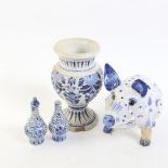 Various Dutch Delft Ware, including pig pot pourri, pair of snuff bottles, and vase, vase height