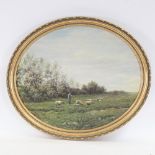 Oval oil on board, shepherd and sheep, signed with monogram, framed, overall 58cm x 67cm