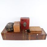 2 Victorian writing slopes (A/F), a straw work box, a box with inlaid shell motifs, tea caddy etc