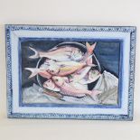 Clive Fredriksson, oil on canvas, fish on a plate, framed, overall frame size 43cm x 58cm