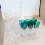 Glass decanter and stopper, 29cm, Bristol green goblets, and other glassware