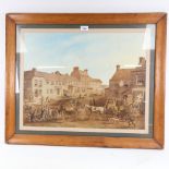 19th century watercolour, a busy coaching street scene, unsigned, 18" x 22", framed