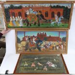 Mughal painting on linen, a tiger hunt, and 2 other Indian/Mughal paintings, framed (3)