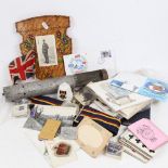 A box of items of Naval and military interest, including postcards, belt, flag, playing cards etc