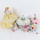 3 Vintage porcelain boudoir dolls with legs, tallest 18cm, a Continental figure pin tray, and 3
