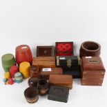 Various boxes and containers, including small brass inlaid rosewood example, miniature barrel etc