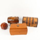 Various boxes and containers, including barrel jewelbox, metal-bound casket etc (4)