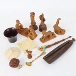 Various African carved wood figures, Bakelite beaker, bobbin, novelty walnut dice case etc (boxful)