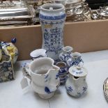 A group of European blue and white tin glaze pottery, including large drug jar, water jug, Delft