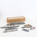 Diecast model ships by Wiking and Dinky, including Queen Mary and Rodney and handmade wooden model