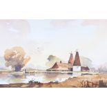 John Snelling, pair of watercolours, oasthouses and boats at Pin Mill, 25cm x 40cm, framed