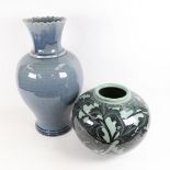 A Japanese ceramic pot with foliate decoration, and a blue glazed baluster vase, 42cm