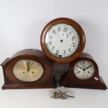 An oak-cased 2-train mantel clock, 23cm, another mantel clock, and a wall clock lacking movement