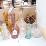 Various glassware, including hand blown spiral glass bottle, 4-section scent bottle, amber