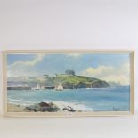 Marcus, mid-century oil on canvas, coastal scene, image 40cm x 85cm