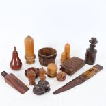 A group of miniature treen items, including acorn boxes, Japanese rat and mushroom netsuke, snuffbox