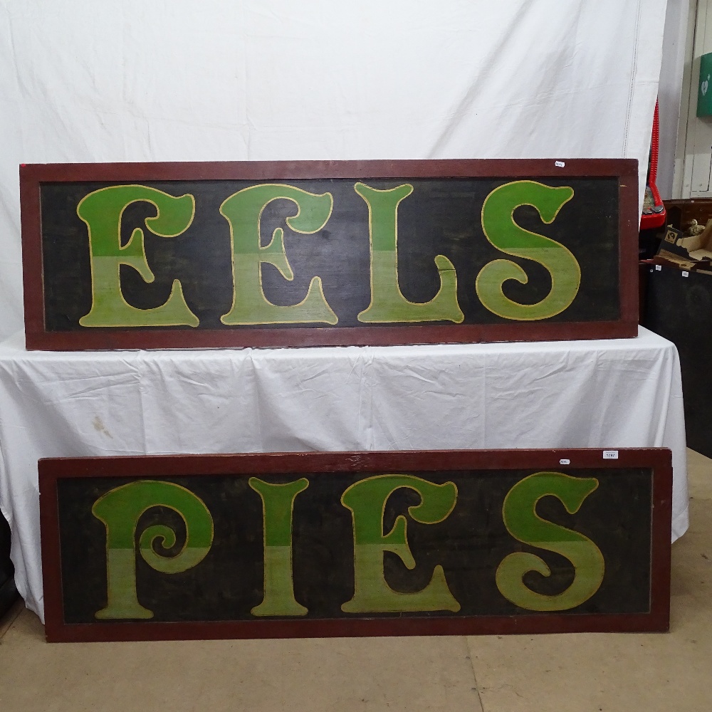 2 painted 2-section advertising signs, For Pies and Eels, L163cm, H48cm