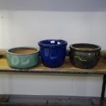 3 small terracotta glazed garden pots, heights 15cm, 19cm and 23cm