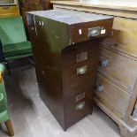 A mid-century stained teak shop till stand/filing chest with 3 drawers, W35cm, H97c, D68cm