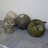 2 small concrete pineapple finials, and 2 ball finials (4)