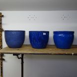 3 small blue glazed terracotta garden pots, H25cm