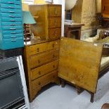 A 1940s oak chest, a folding table, a 3 drawer chest, and a barley twist table lamp (4)