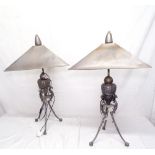 A pair of cast-metal dragon tripod table lamps of large size, H98cm