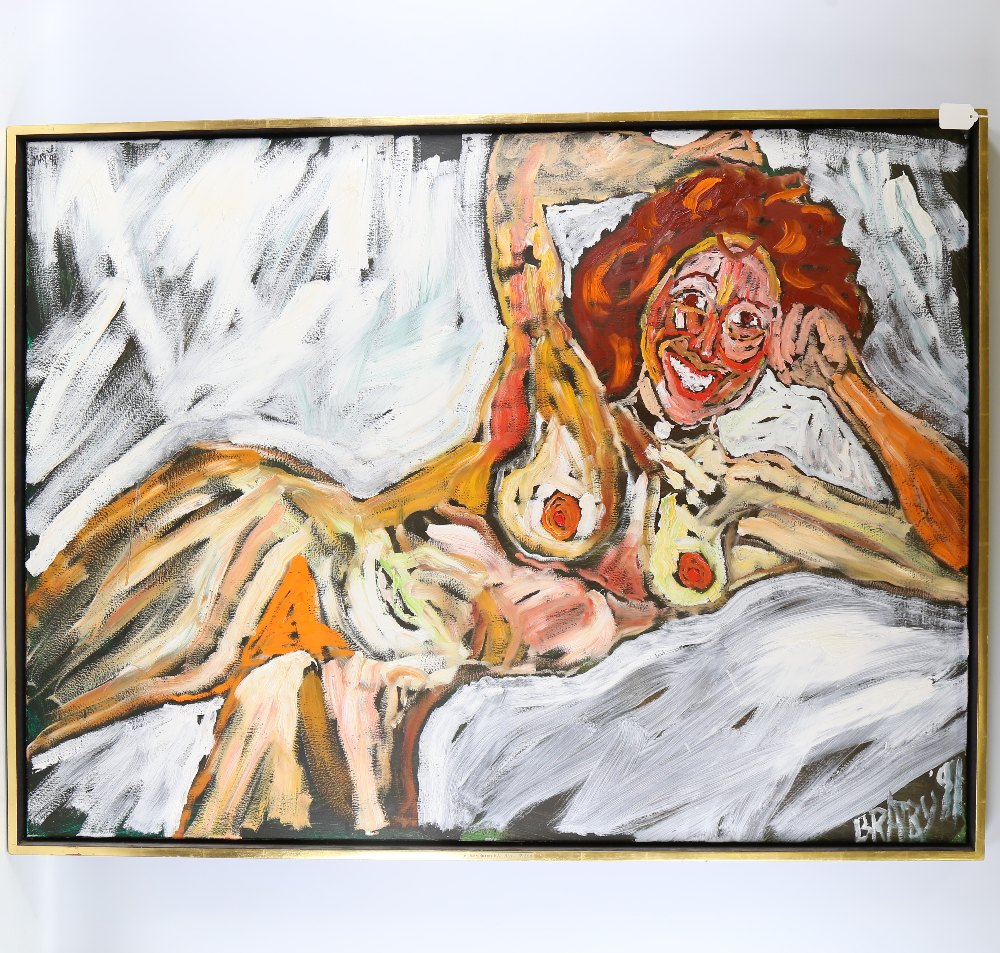 John Bratby RA (1926 - 1992), oil on canvas, reclining nude, signed and dated '91, 36" x 48" Very