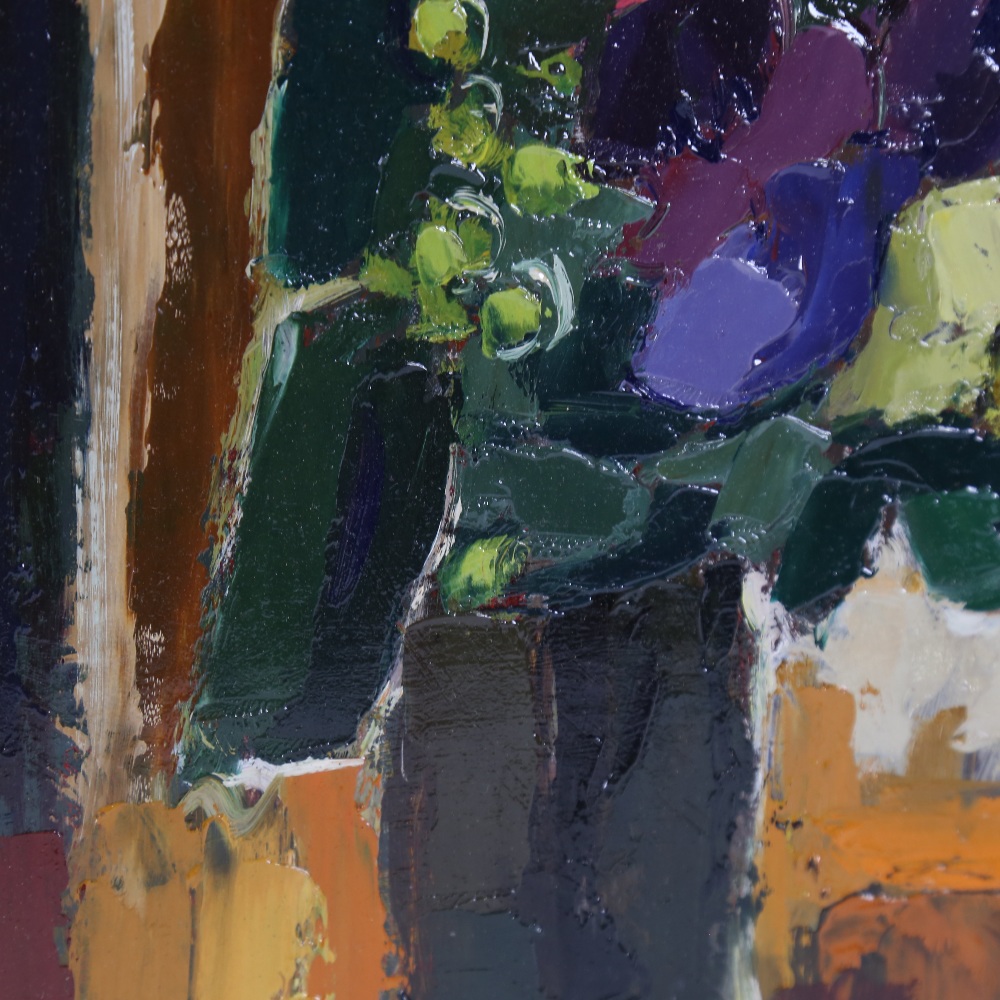20th century oil on board, abstract still life, indistinctly signed, 26.5" x 12.5", framed Very good - Image 3 of 4