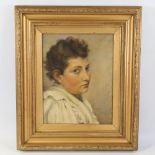 19th/20th century oil on canvas, portrait of a young woman, unsigned, 14" x 11", framed No canvas