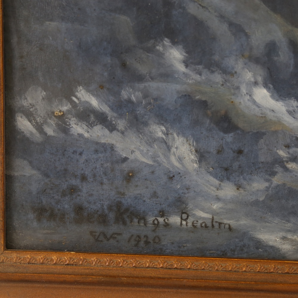 Oil on board, the sea king's realm, signed with monogram, dated 1920, 14" x 21", framed Some surface - Image 3 of 4