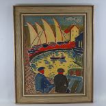 Contemporary oil on canvas, harbour scene, unsigned, 32" x 24", framed Very good condition