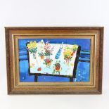 Contemporary acrylic on board, still life table study, unsigned, 13" x 22", framed Good condition