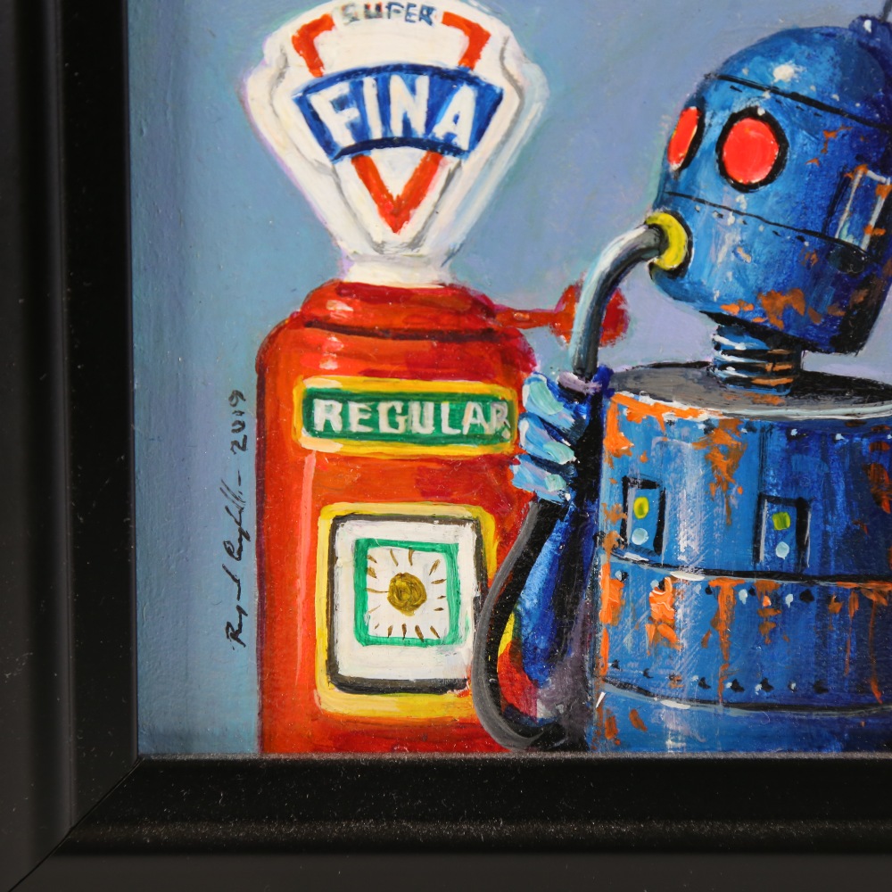 Raymond Campbell (born 1956), oil on panel, Robot Petrol Fix, signed and dated 2019, 4" x 4", framed - Image 3 of 4