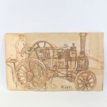 Fred Yates (1922 - 2008), mixed media on joined sheets of card, steam powered traction engine,