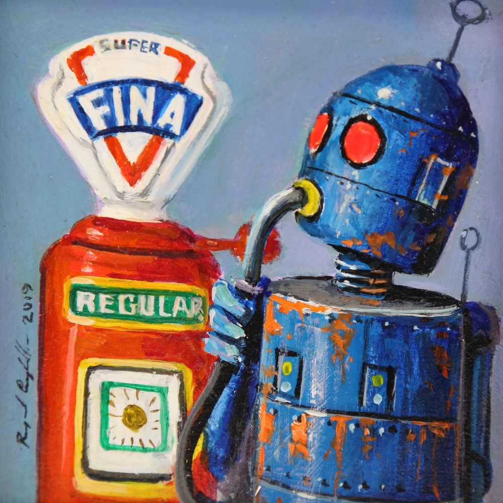 Raymond Campbell (born 1956), oil on panel, Robot Petrol Fix, signed and dated 2019, 4" x 4", framed - Image 2 of 4