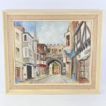 Rhys Jenkins, oil on board, a town gateway, signed, 20" x 23", framed Good original condition
