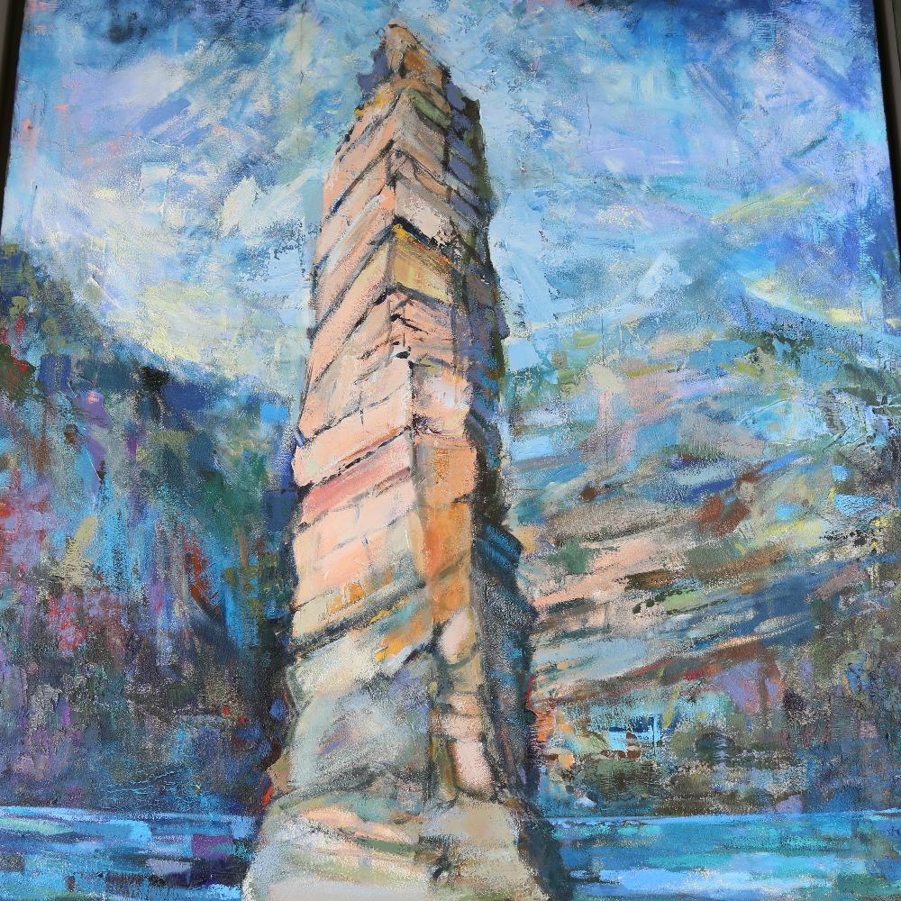 Roger Blaker (1944 - 2015), oil on canvas, Sea Stack, 53" x 36", framed Very good condition - Image 2 of 4
