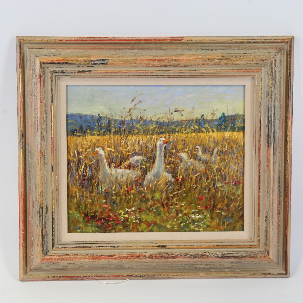 Matt Bruce (1915 - 2000), oil on board, geese in a meadow, signed, 10" x 11.5", framed Very good